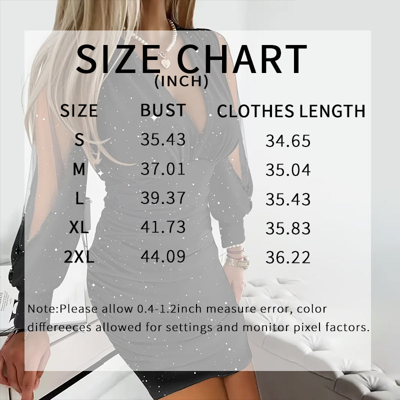 Women's Sexy Deep V-Neck Ruched Bodycon Mesh Long Sleeve Sparkling Party Dress - Free USA Shipping