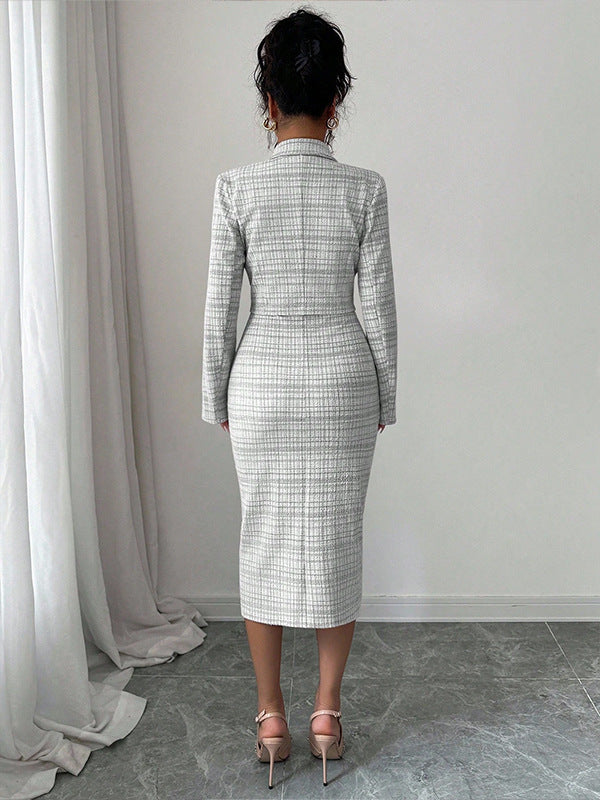 Women's Clothing Skirts Suit Lapel Long Sleeve Short Plaid Jacket