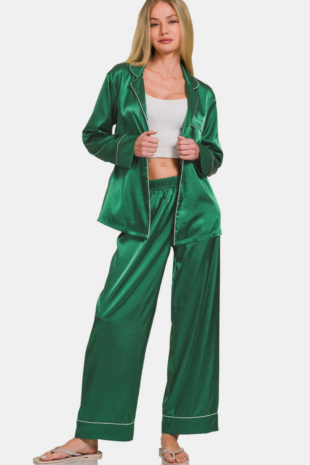 Zenana Satin Long Sleeve Shirt and Pants Pajama Set Green