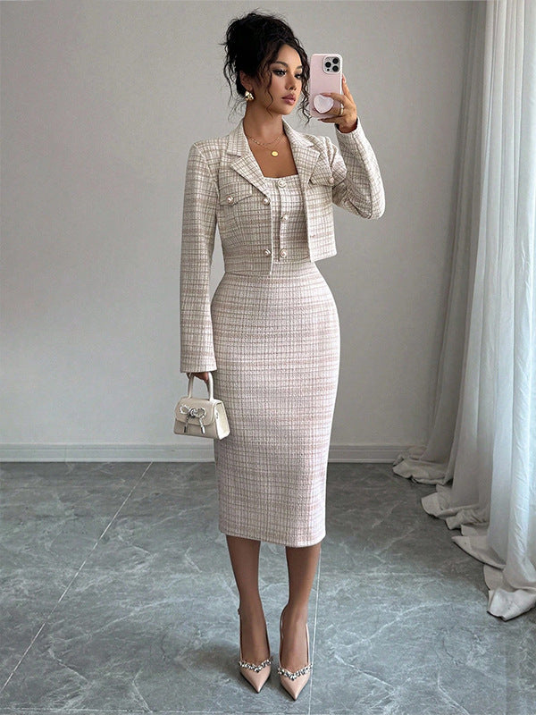 Women's Clothing Skirts Suit Lapel Long Sleeve Short Plaid Jacket