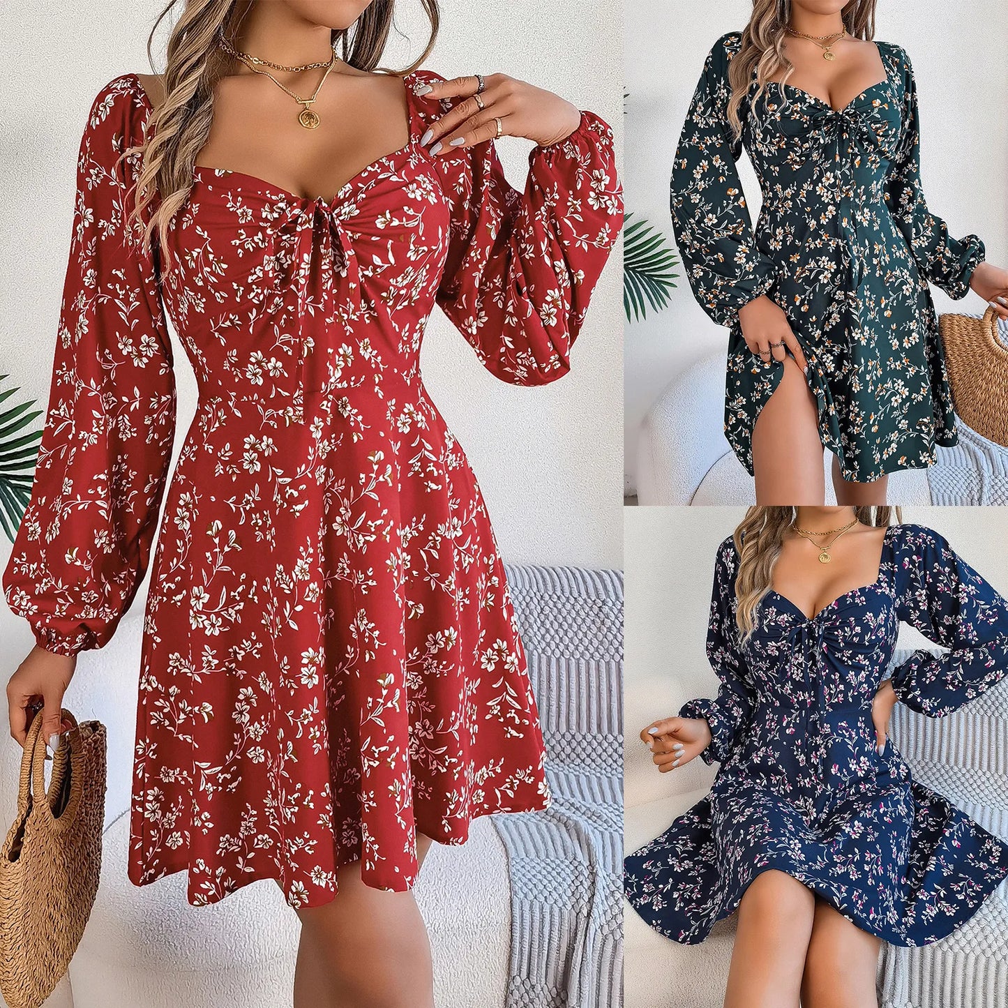 Fashion Floral Print Lantern Sleeve Dress Casual Sexy Tie Square Neck Long Sleeve A-Line Dress Women's Clothing