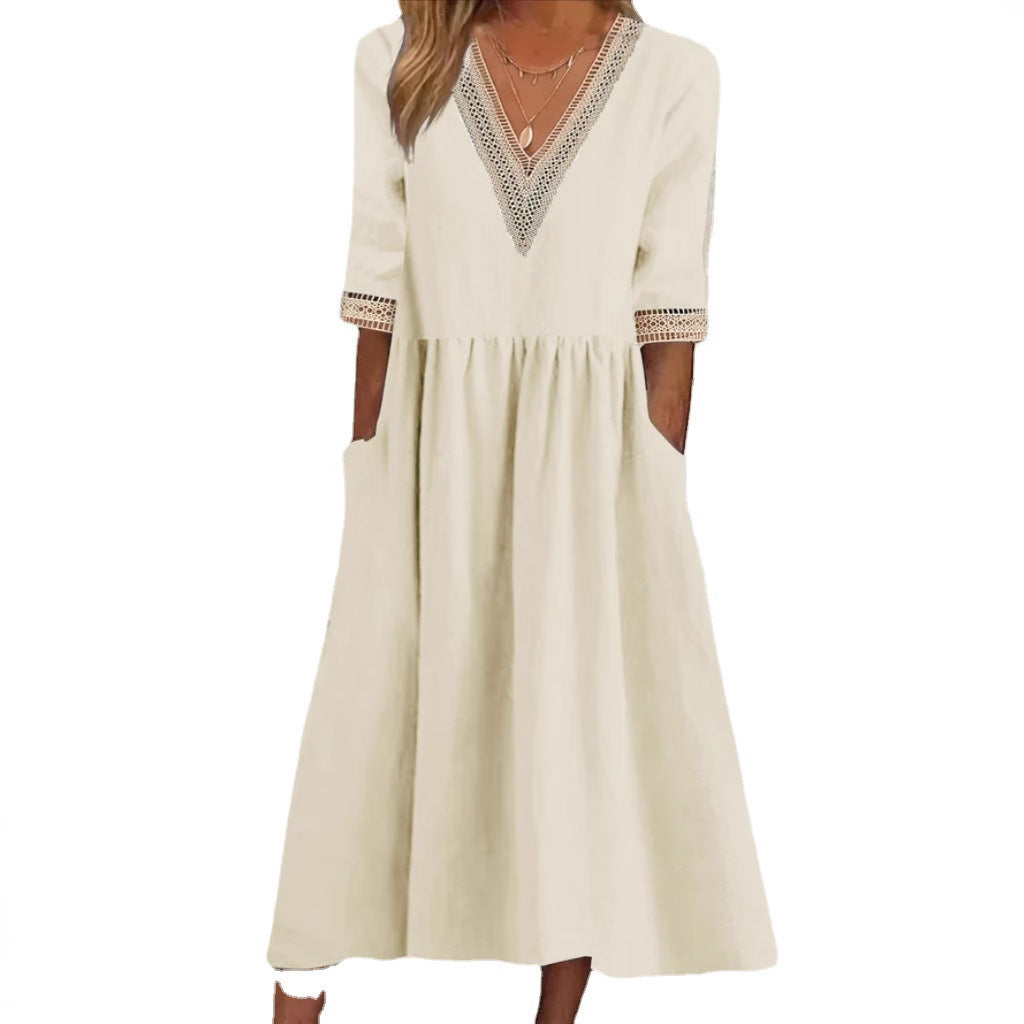 Cotton And Linen Lace Collar Half Sleeve Mid-length Dress