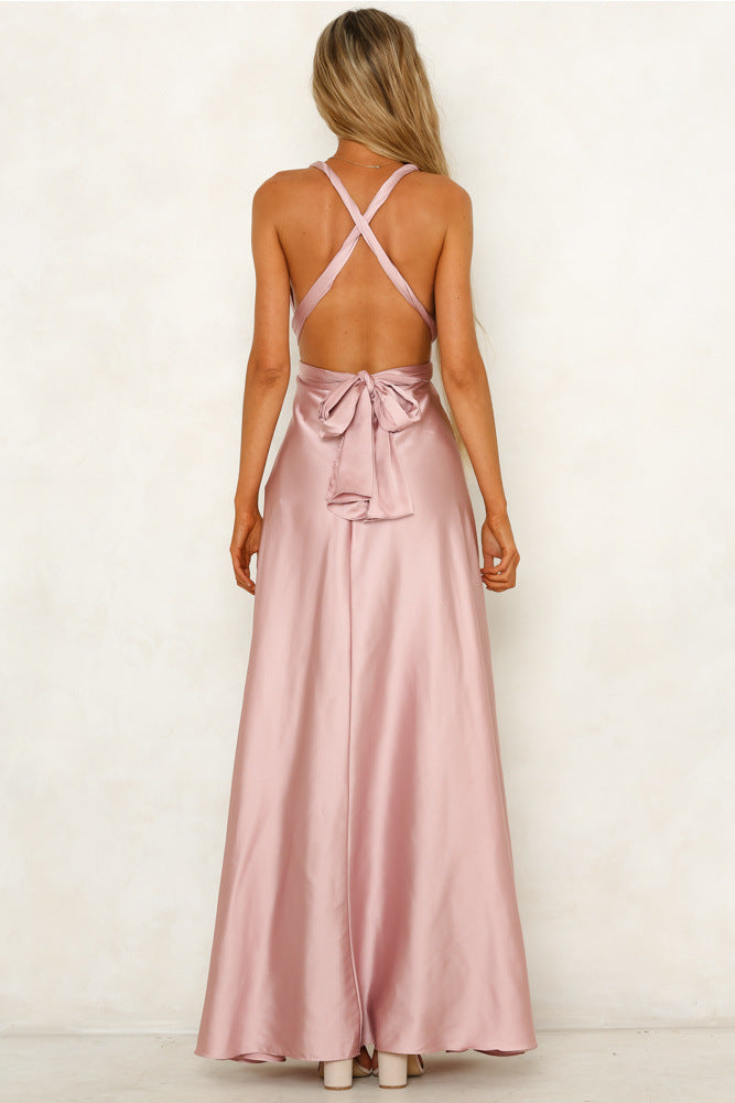 Deep V-neck Sleeveless Lace-up Sexy Backless High Waist Large Swing Satin Dress
