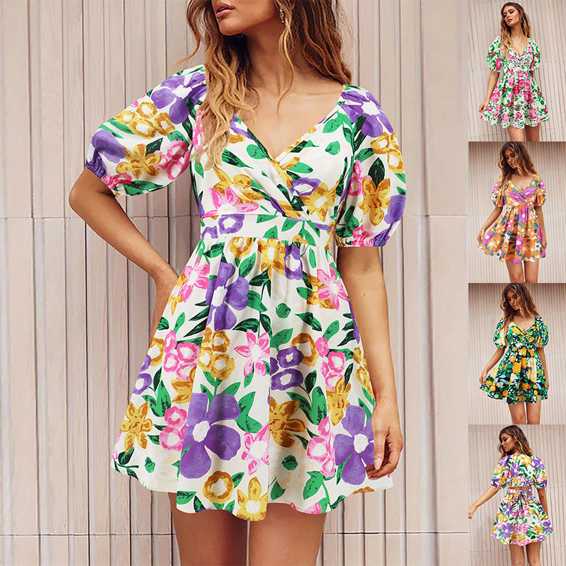 Flowers Print V-Neck Lantern-sleeve Dress Summer Vacation Beach Short Dresses Fashion Womens Clothing