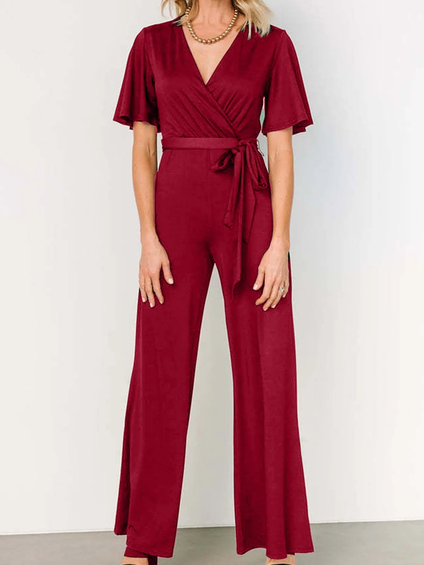 Women's Casual Solid Color Short Sleeve Belt Jumpsuit