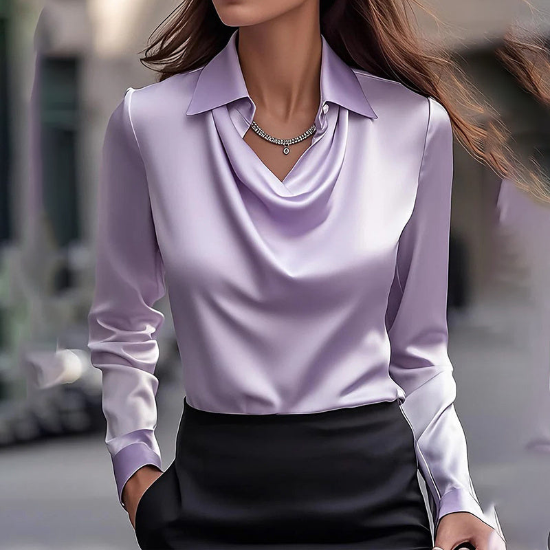 Women's Elegant Long Sleeve Blouse - Solid Color Lapel Top With Ruched Chest Detail Office & Casual Wear For Spring Fall