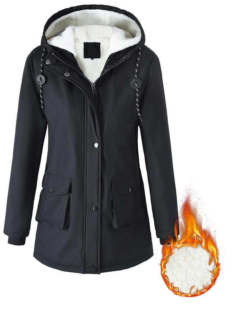 European Size Thickened Velvet Cotton Clothes Female Casual Hooded Coat