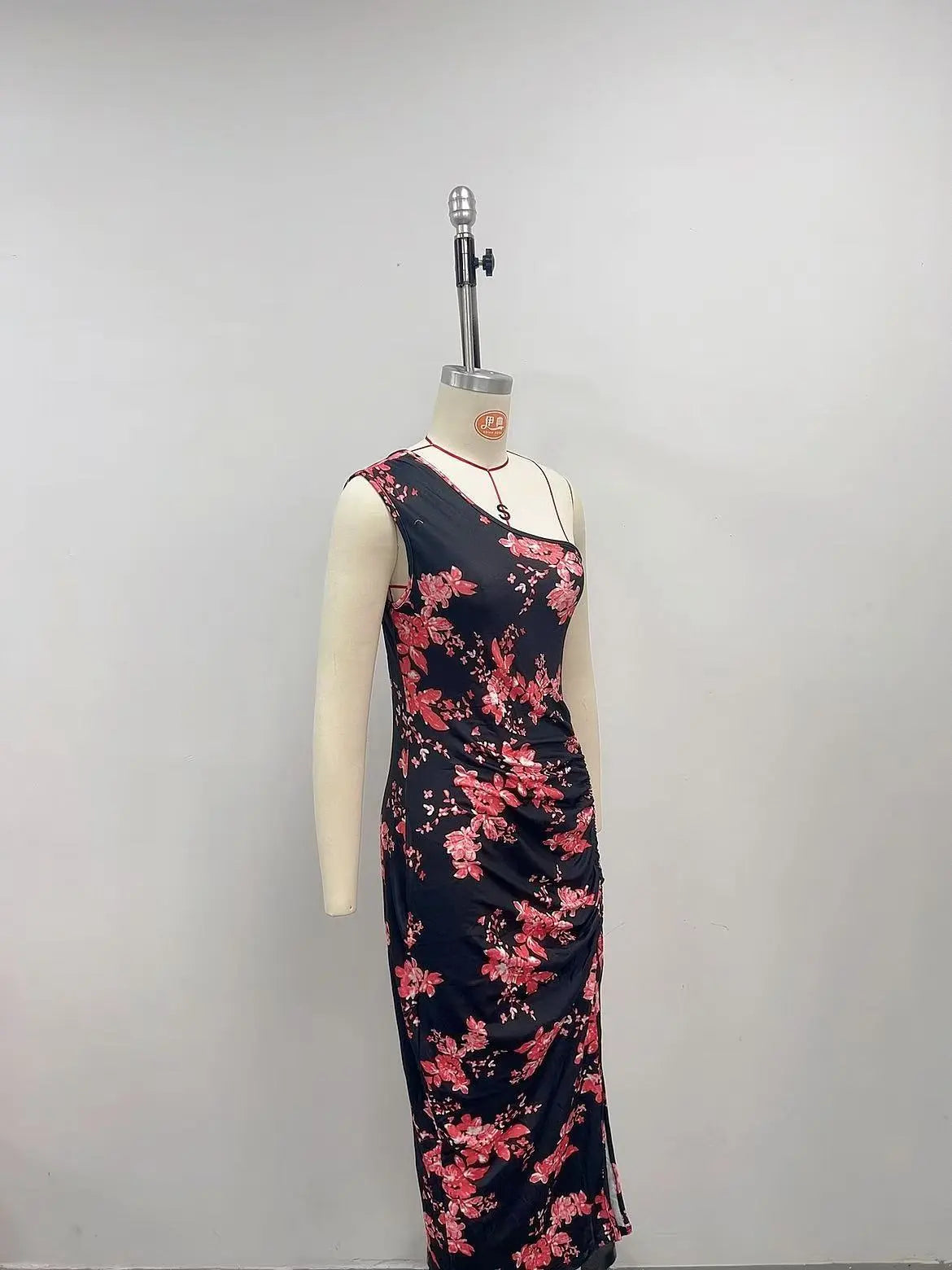 Oblique Shoulder Printed Sheath Dress High Slit