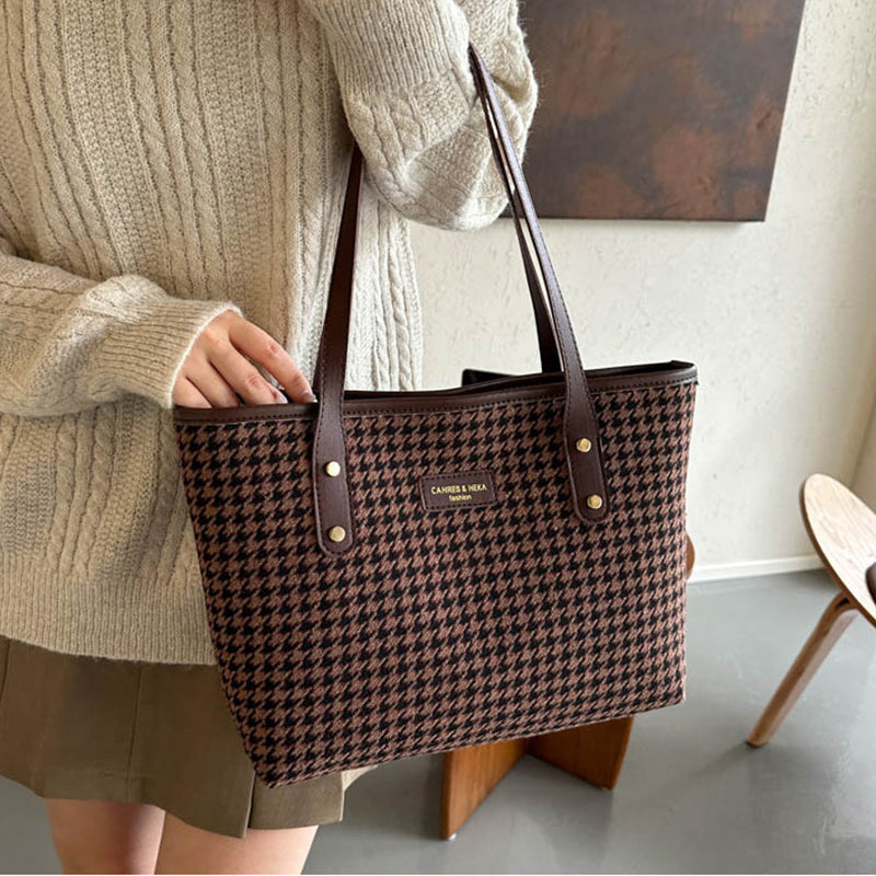 Houndstooth Shoulder Bag Winter Fashion Commuting Handbags Women Large Capacity Totes Casual Shopping Bag