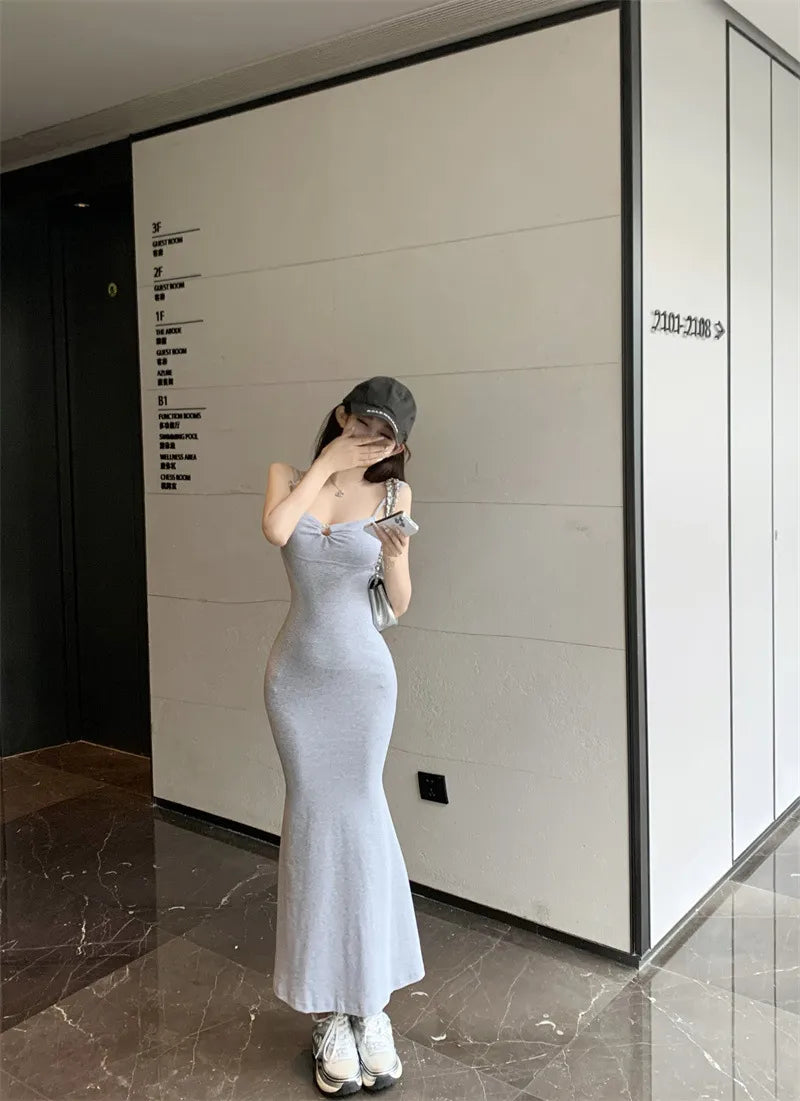Double-shoulder Strap Sling Waist-tight Slim And Sexy Hip-wrapped Fishtail Dress