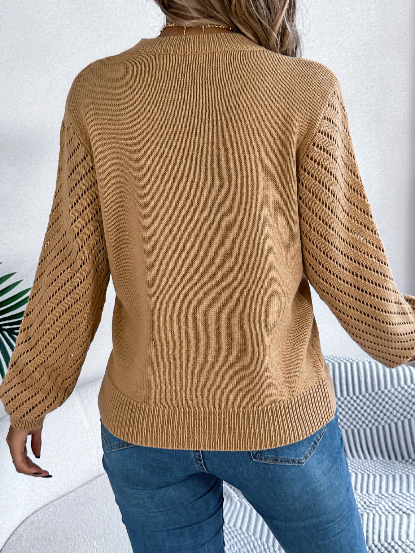 Casual Hollow Round Neck Pullover Sweater Fashion Solid Color Lantern Sleeve Top Womens Clothing