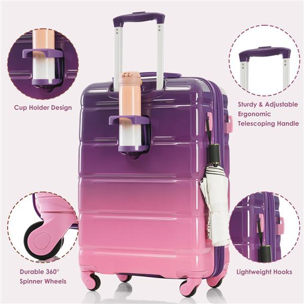 Luggage Set Of 3, 20-inch With USB Port, Airline Certified Carry-on Luggage With Cup Holder, ABS,PC Hard Shell Luggage With Spinner Wheels, Purple And Pink- FREE USA SHIPPING