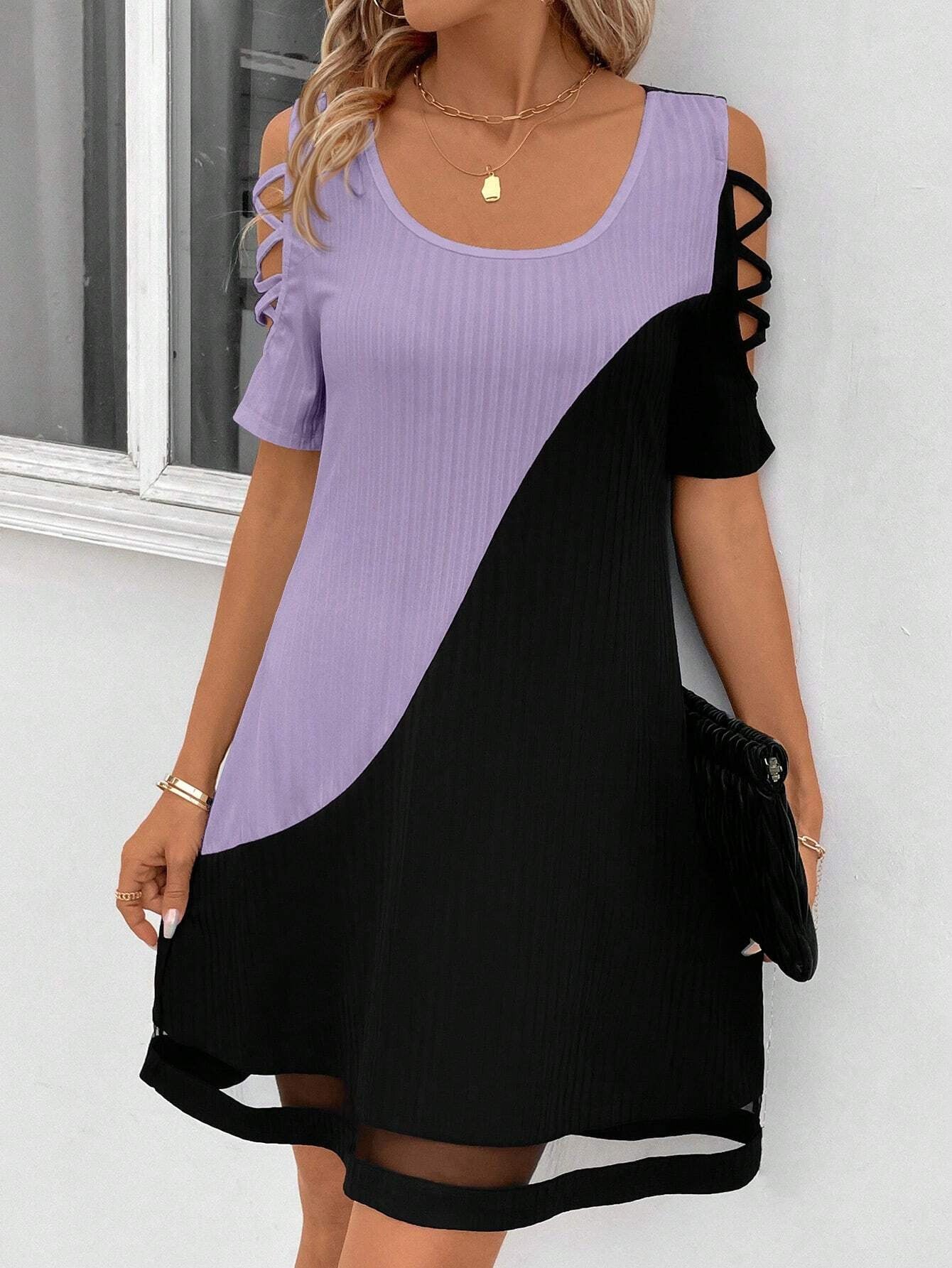 Women's Color Matching Hollow Out Mesh Midi Dress