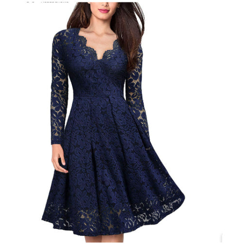 Elegant V-Neck Lace Off-Shoulder Dress – Long Sleeve Party Wear for Women
