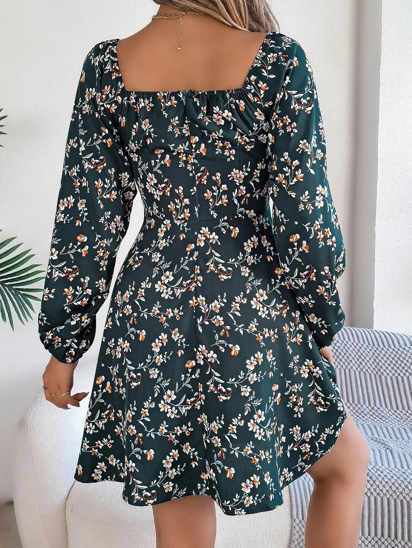 Fashion Floral Print Lantern Sleeve Dress Casual Sexy Tie Square Neck Long Sleeve A-Line Dress Women's Clothing