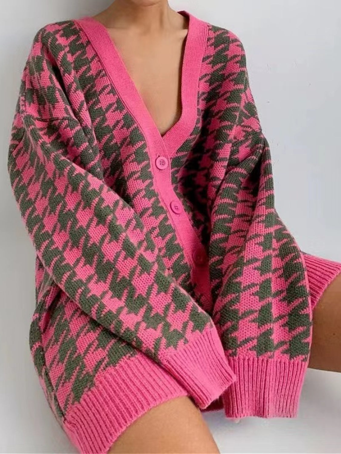 Houndstooth Button Front Long Sleeve Cardigan