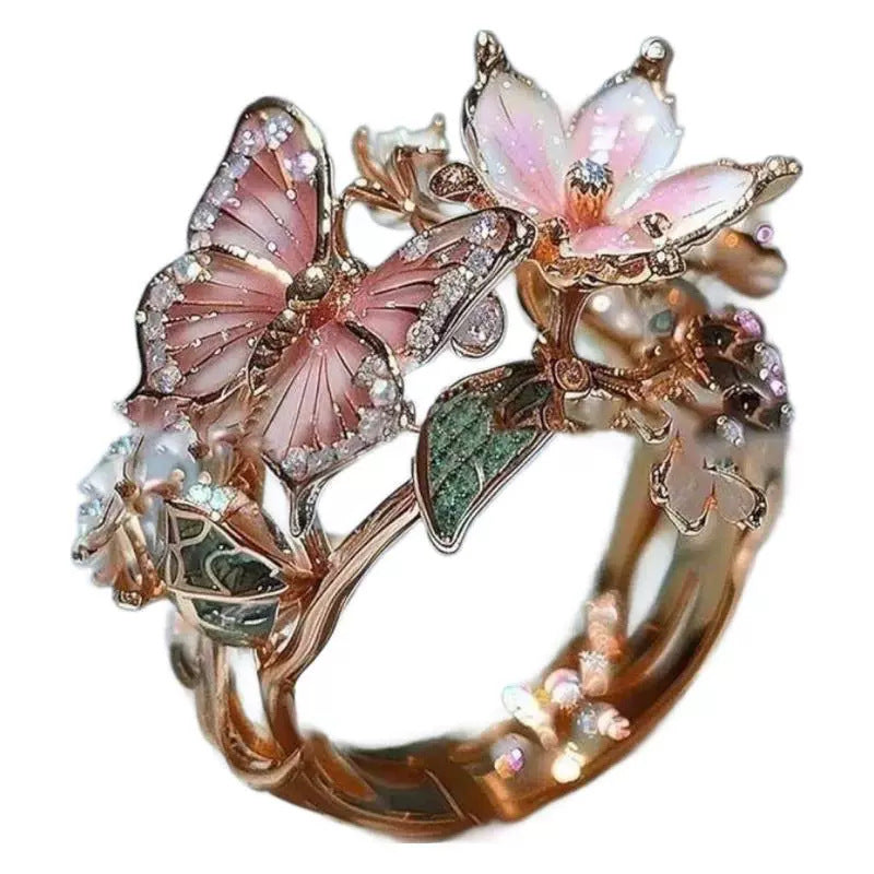 Flower Butterfly Ring With Rhinestones And Oil Dropping Design Fashion Personalized Jewelry For Women