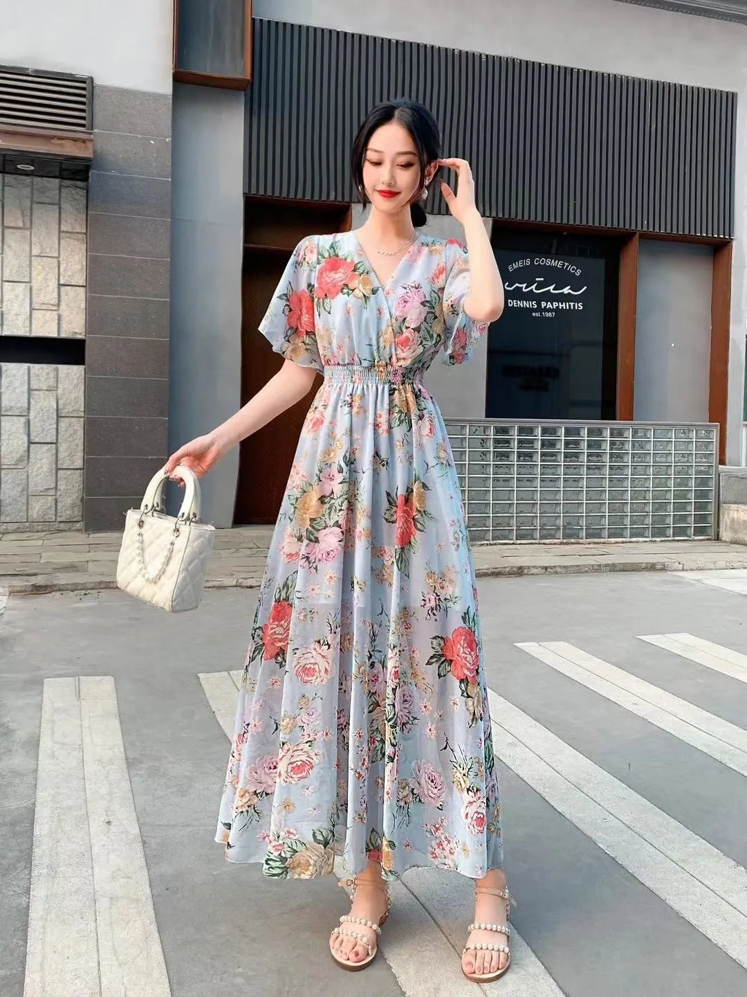 V-neck Mori Style Slim Fairy Floral Dress