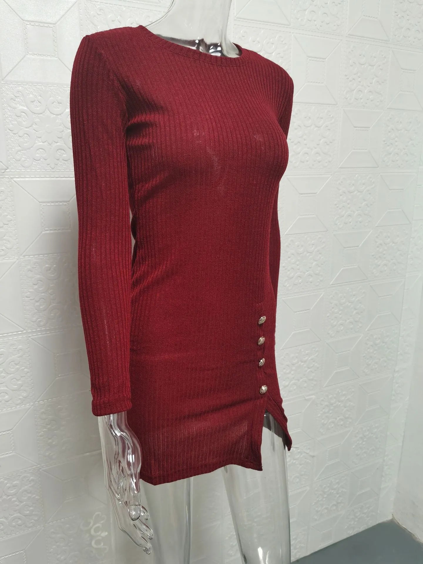 Button Sexy Hip Skirt Long Sleeve Dress
