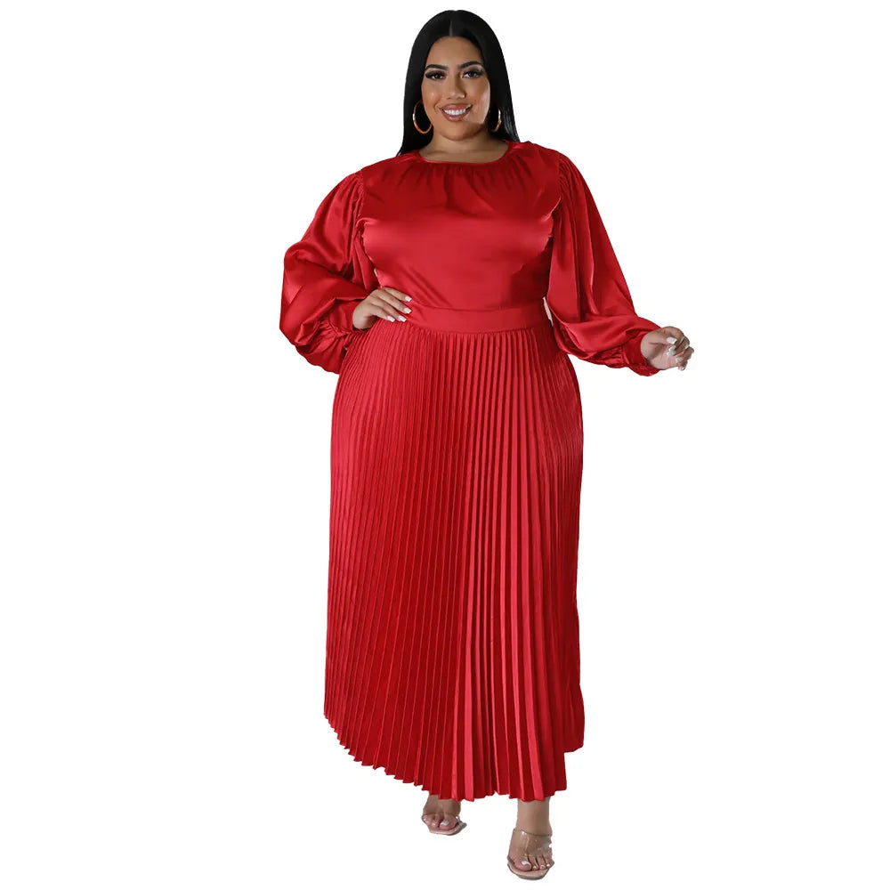 Pleated Round-neck Long Dress Women