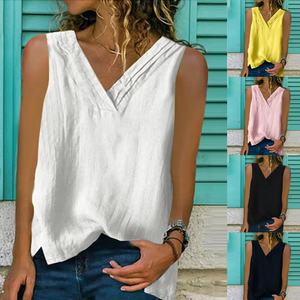 Split Sleeveless Cotton And Linen Multi-layer Collar T-shirt