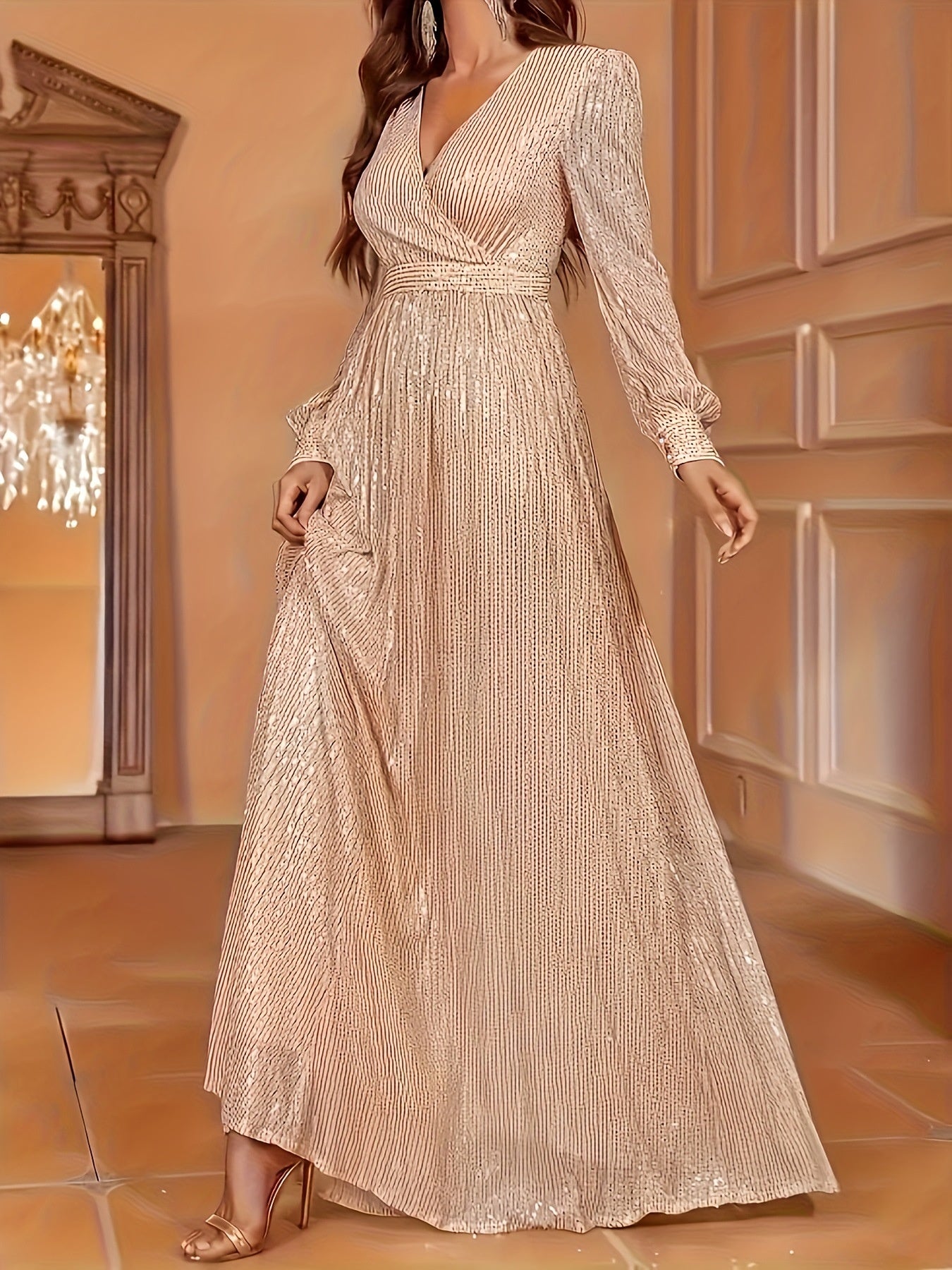 Elegant Dinner Sequined Long Sleeve V-neck High Waist Evening Dress