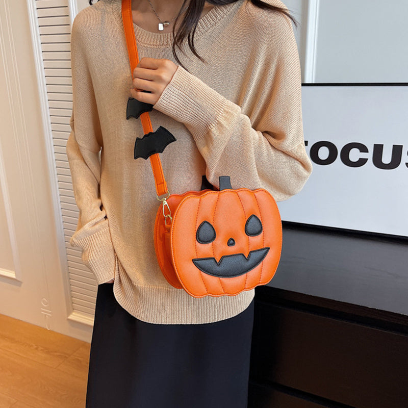 Halloween Bags Funny Pumpkin Cartoon Shoulder Crossbody Bag With Bat Creative Female Bag