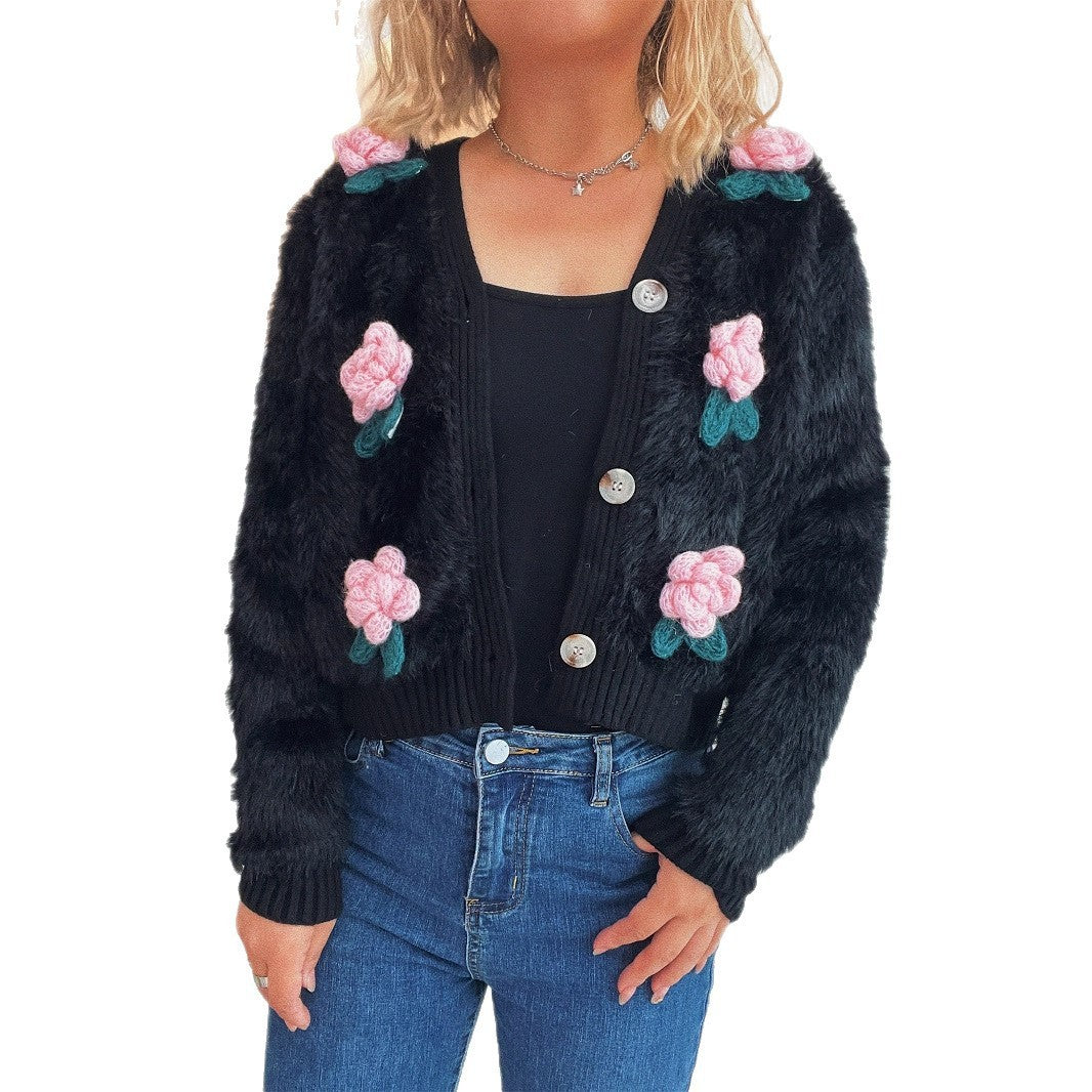 Stitching Three-dimensional Flower Fashion Short Knitted Sweater