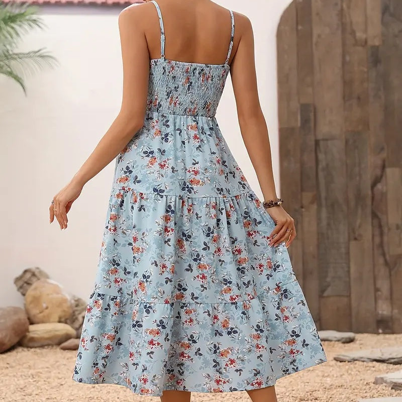 Womens Summer Floral Midi Dress Smocked Spaghetti Strap Sleeveless Tiered Casual Flowy-FREE USA SHIPPING Dresses