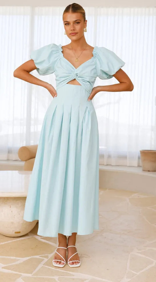 Women's Solid Color And V-neck Long Puff Sleeve Long Slimming Dress