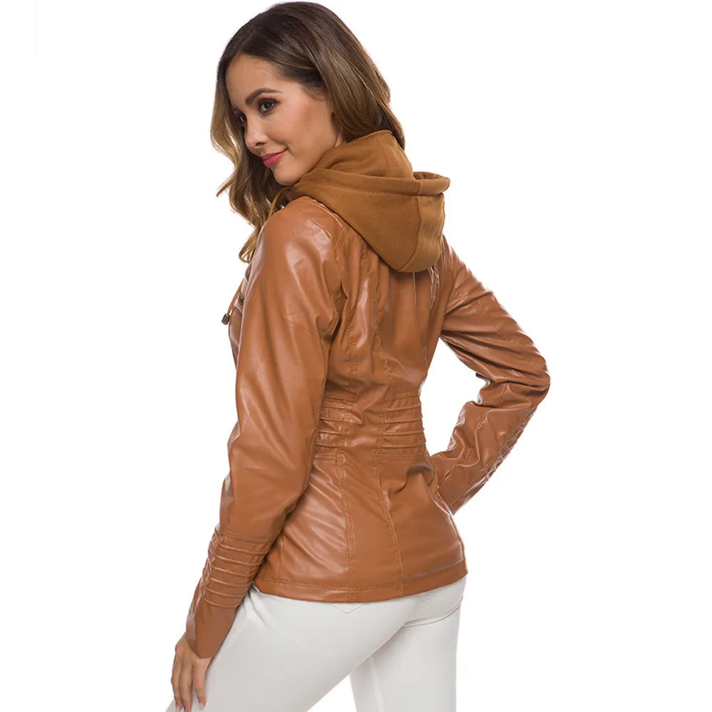 Fashion Detachable Hooded Jacket With Pockets Casual Solid Color Zipper Long Sleeve Leather Coat Autumn Winter Women's Clothing