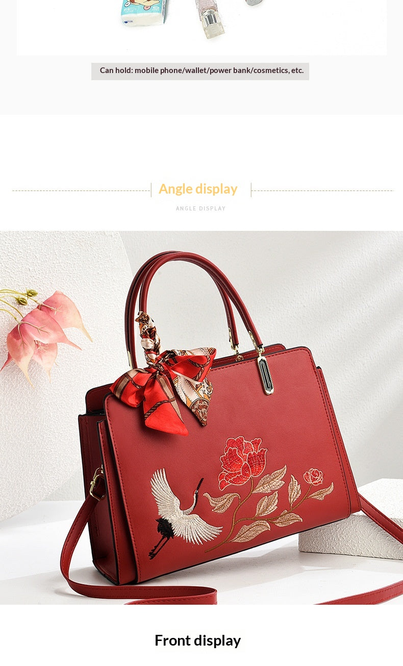 Womens New Chinese-Style National-Flair Embroidered Crane Fashion Crossbody Tote Bag