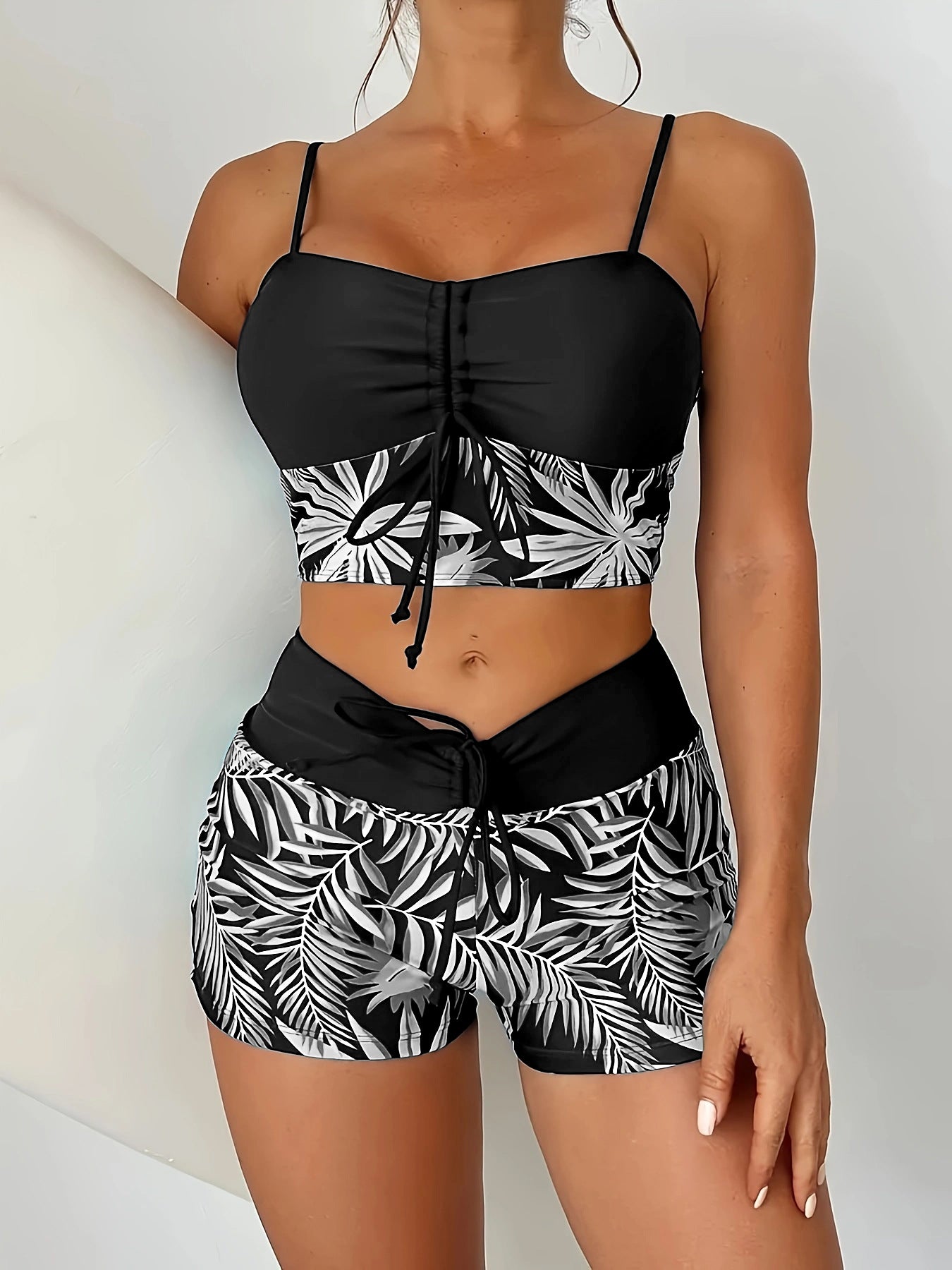 Women's Split High Waist Boxer Lace Printing Swimsuit