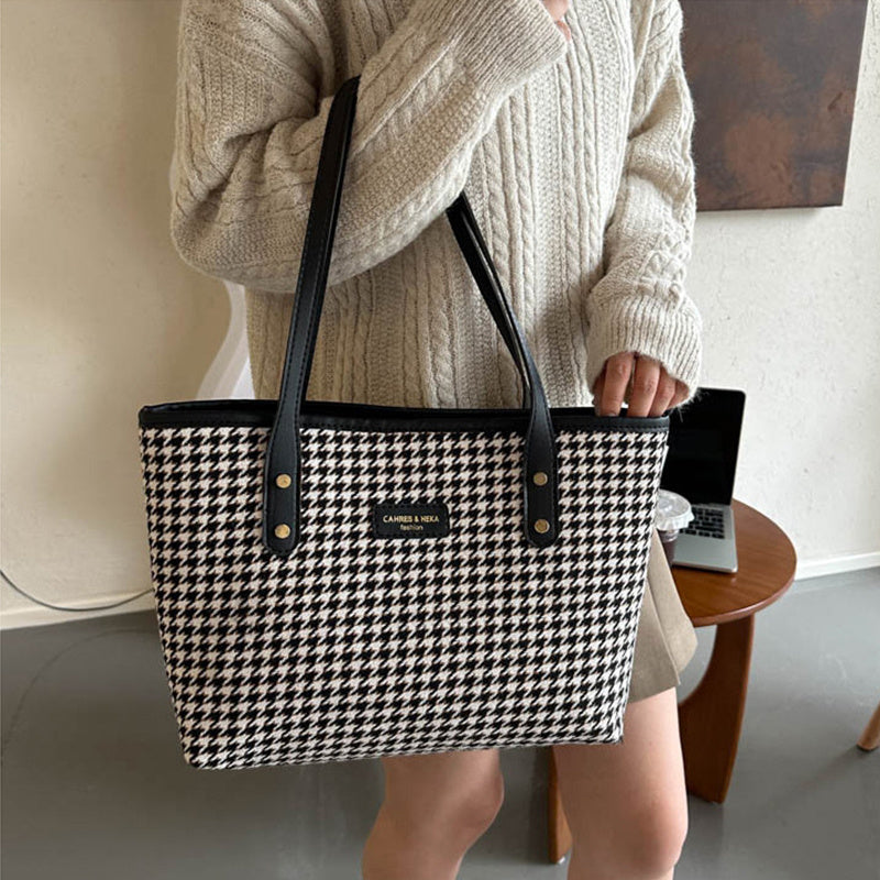 Houndstooth Shoulder Bag Winter Fashion Commuting Handbags Women Large Capacity Totes Casual Shopping Bag