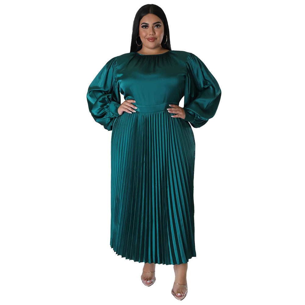 Pleated Round-neck Long Dress Women