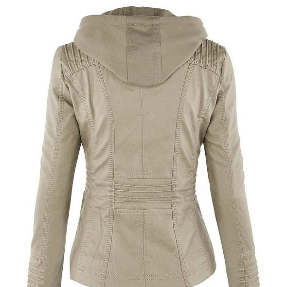 Women's Detachable Lapel Long Sleeve Solid Color Zipper Leather Jacket Coat