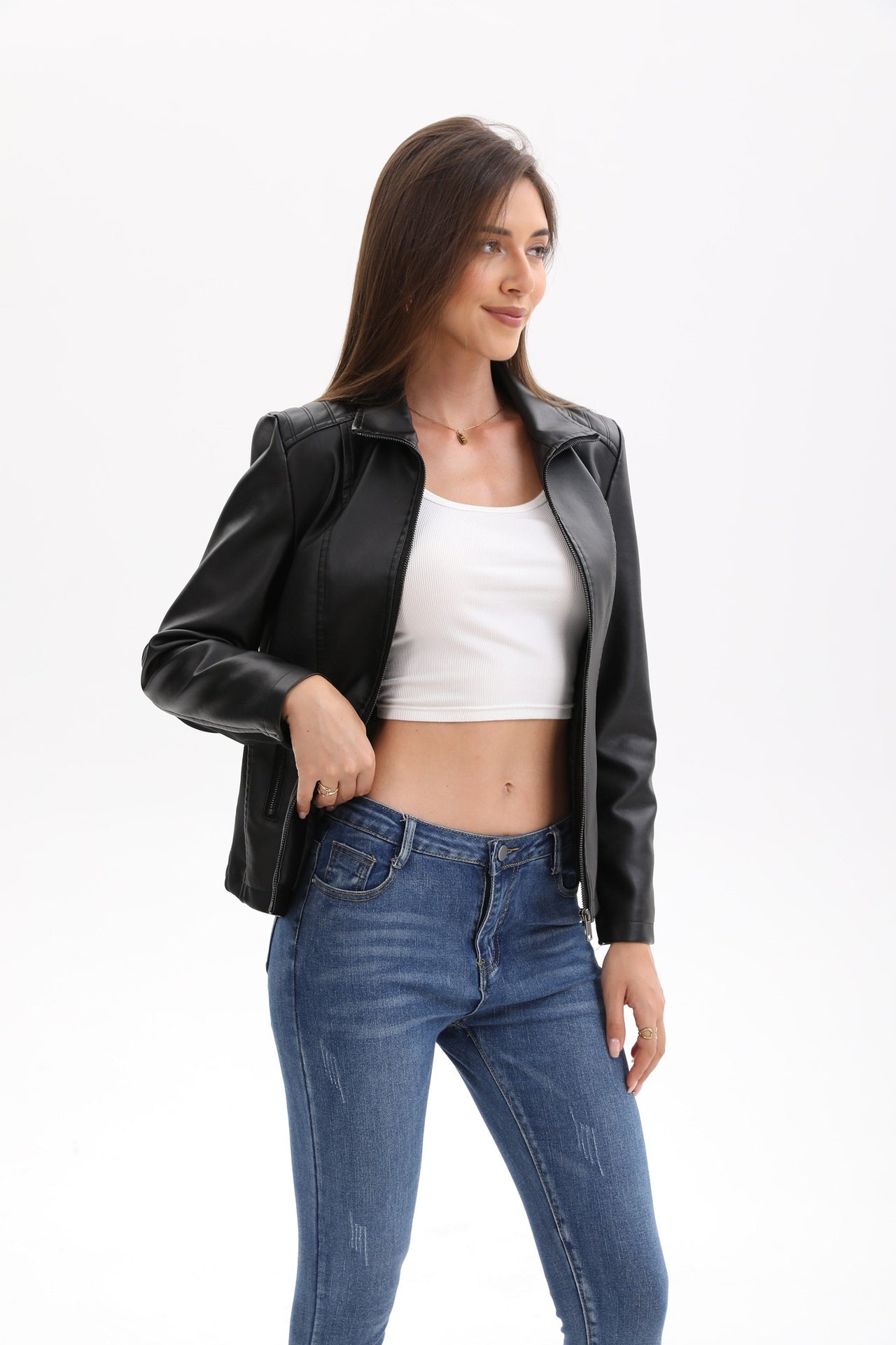 Women's Leather Jacket Knitted Stitching Stretch Coat