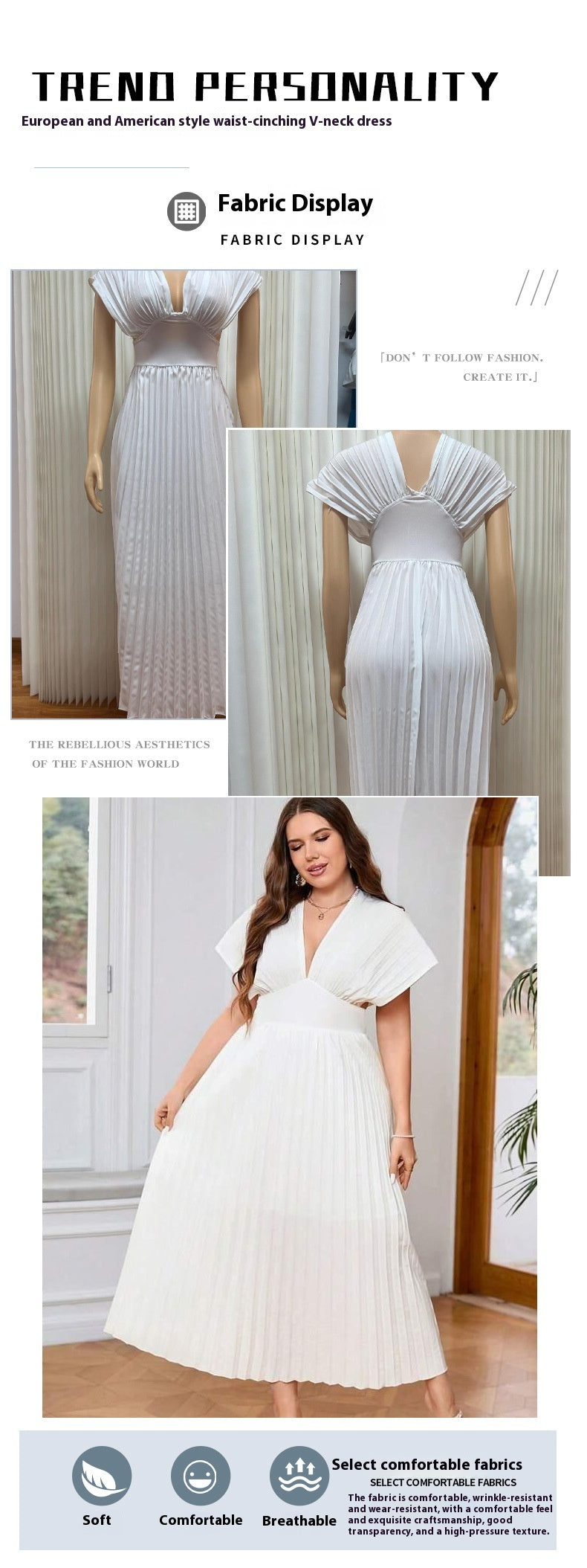 V-neck Sexy Bat Sleeve Slim-fit Pleated A- Line Dress