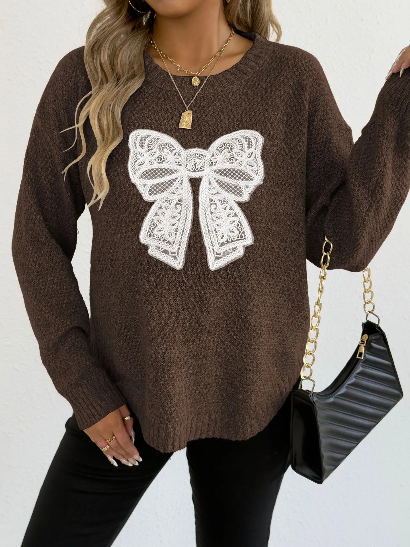 Women's Round Neck Embroidered Lace Butterfly Stitching Woven Sweater