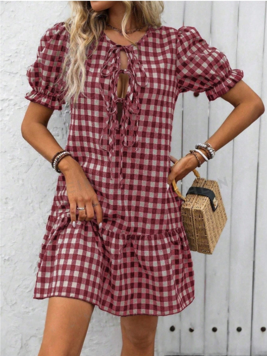 Plaid Drawstring Puff Sleeve Bohemian Dress