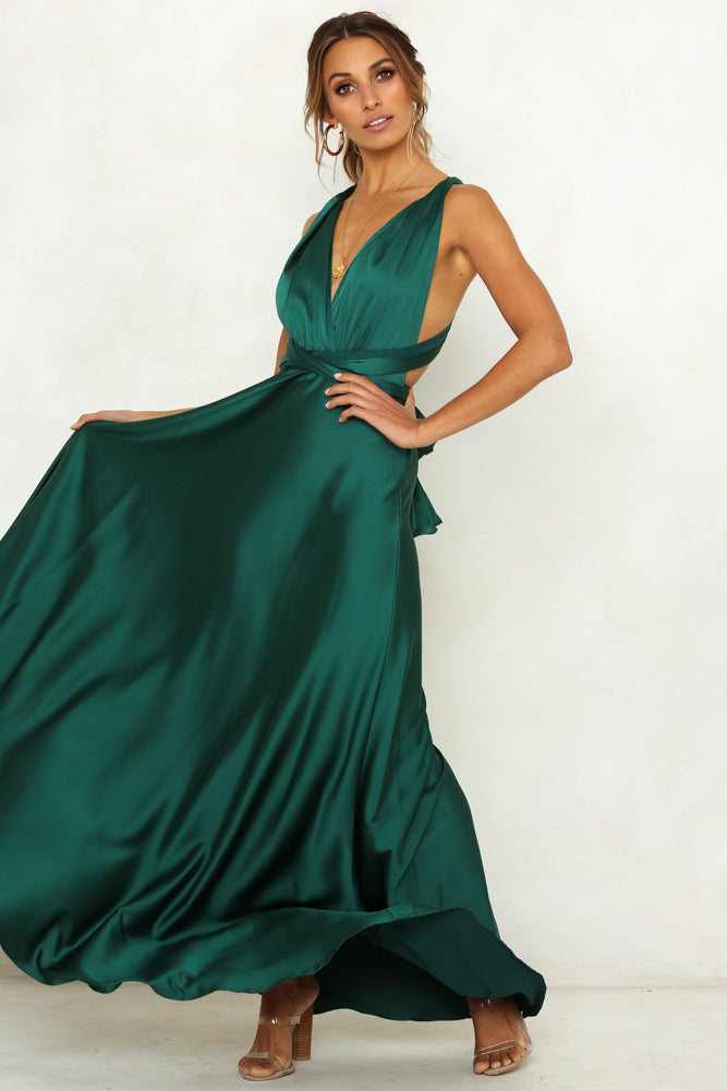 Deep V-neck Sleeveless Lace-up Sexy Backless High Waist Large Swing Satin Dress