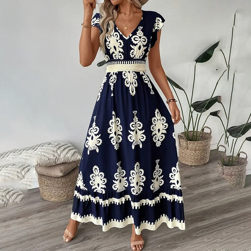 Women's Summer Flowy Maxi Dress Casual Cap Sleeve V Neck Smocked Waist Beach Sundress-FREE USA SHIPPING