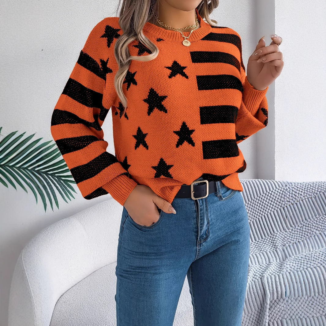 Casual Star Stripes Lantern Long Sleeve Pullover