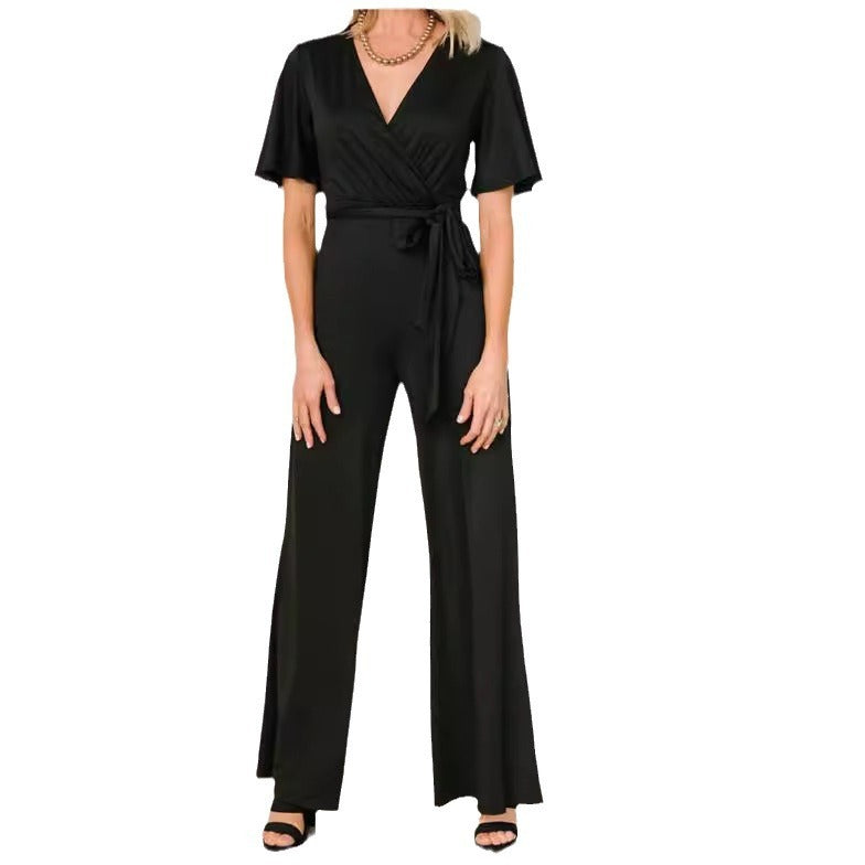 Women's Casual Solid Color Short Sleeve Belt Jumpsuit