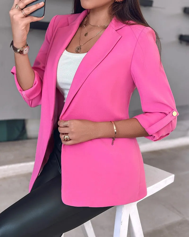 Women's Casual Rolled Sleeves Blazer With Pockets