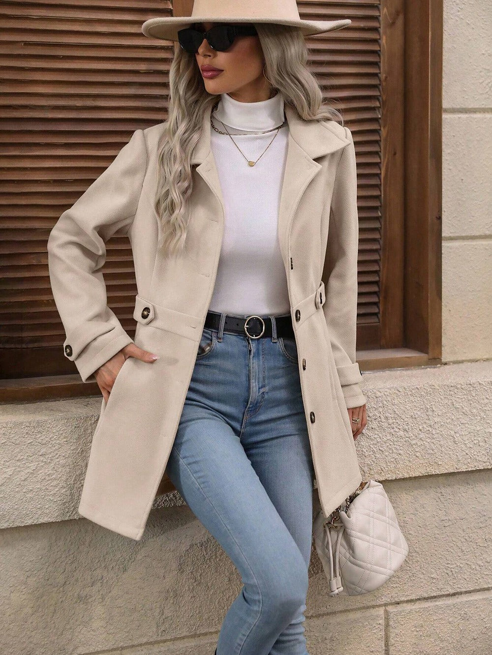 Mid-length Elegant Lapel Button Temperament Slim-fit Woolen Coat