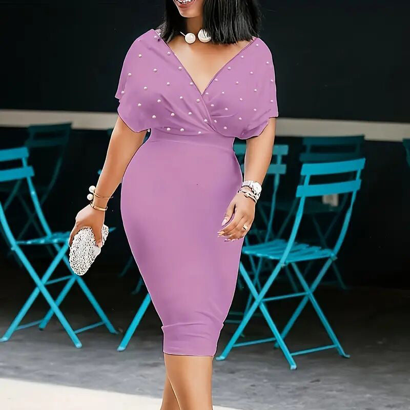 Women's Elegant Deep V Neck Wrap Bodycon Dress Back Zipper Pencil Midi Dress-FREE USA SHIPPING