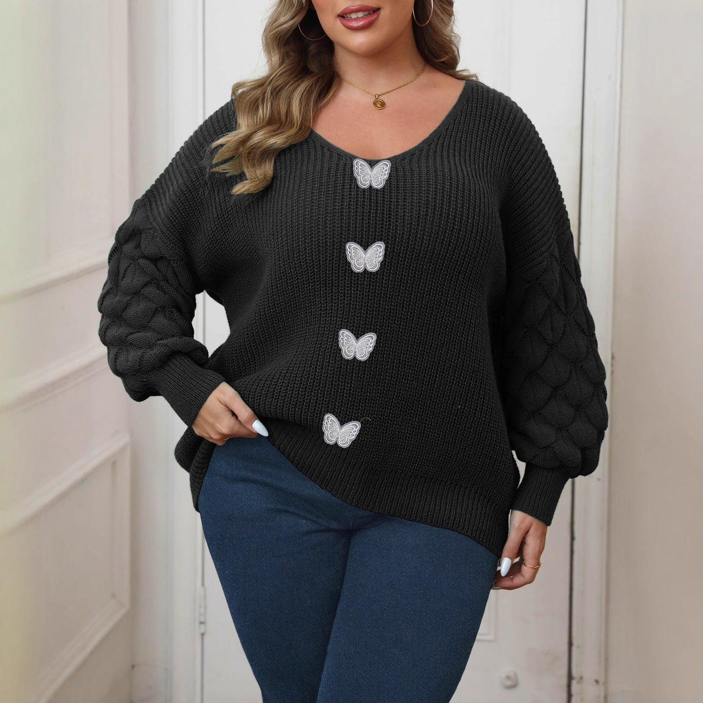 Plus Size Women's Pineapple Sleeve Stitching Deep V Woven Lace Butterfly Sweater
