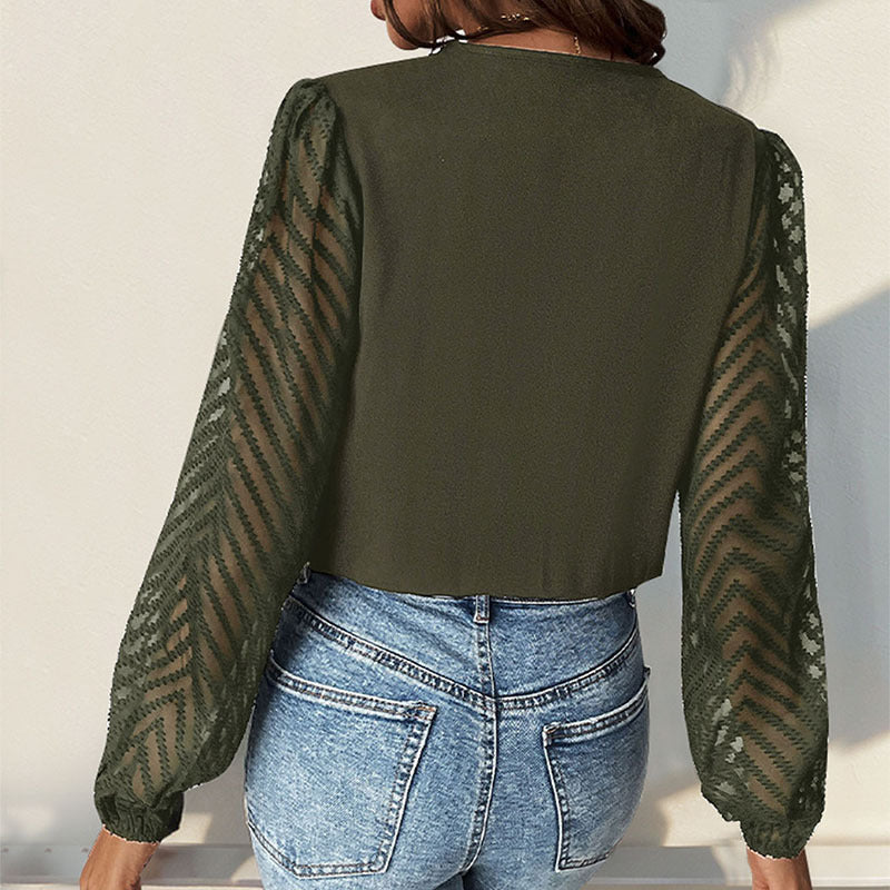 All-matching Solid Color And V-neck Pleated Lace See-through Long-sleeved Top