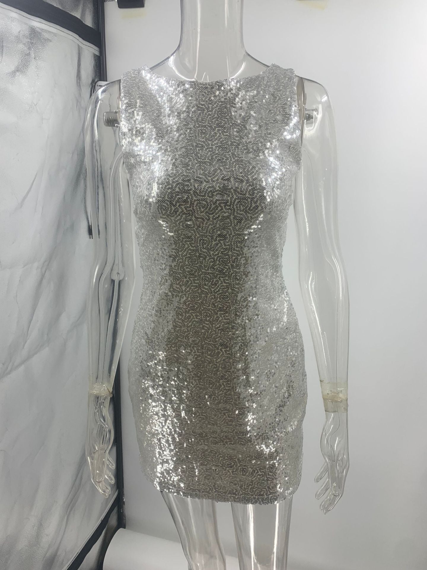 Sleeveless Slim Fit Backless Bow Glitter Mini Dress
